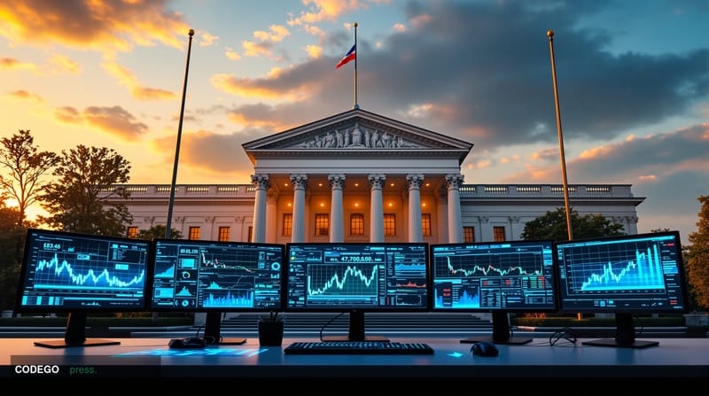 A photorealistic 8K editorial photograph capturing the intersection of crypto trading and regulatory oversight. The scene sho