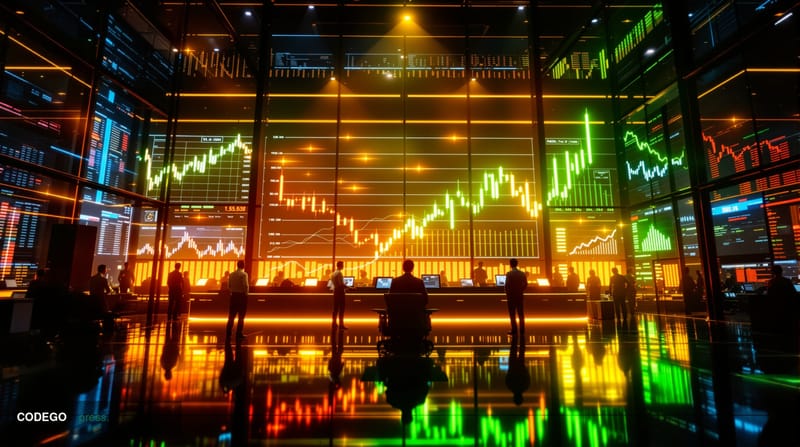 A striking editorial photograph showcasing the dramatic contrast between market performance and ETF success. The scene featur