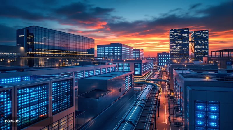 Photorealistic editorial photograph of a modern data center complex at dusk, featuring I Squared Capital's sleek corporate he