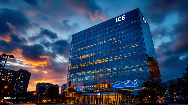 A cinematic editorial photograph showing the imposing glass facade of ICE's headquarters building in Atlanta against a dramat