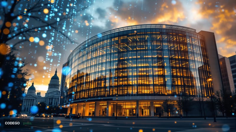 A cinematic editorial photograph showing the International Monetary Fund headquarters building in Washington D.C., the distin