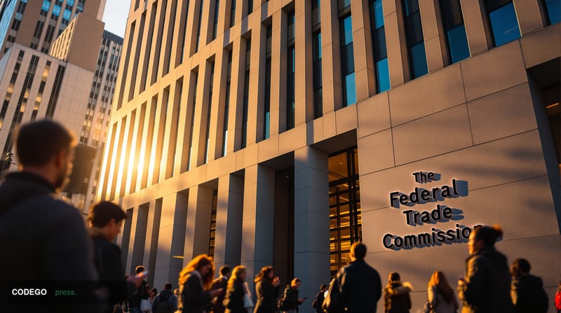 A photorealistic editorial photograph showing the Federal Trade Commission headquarters building in Washington D.C., captured