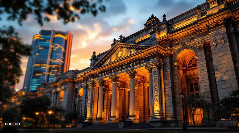 A photorealistic editorial photograph of the Reserve Bank of India headquarters building in Mumbai, captured during golden ho