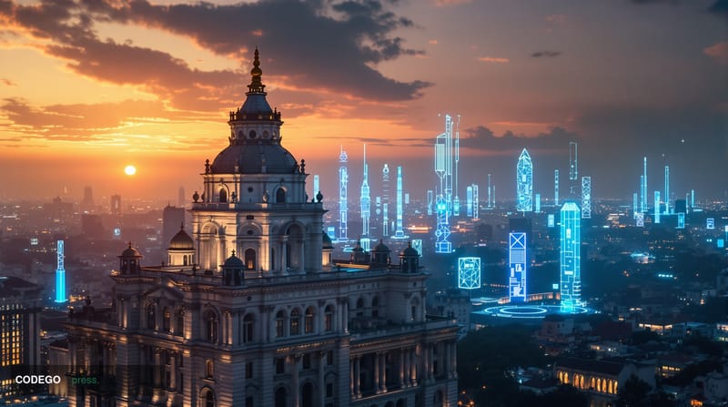 A photorealistic editorial photograph showing the Mumbai skyline at dusk with the iconic Bombay Stock Exchange building promi