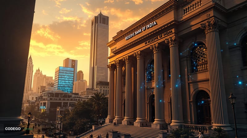 A cinematic editorial photograph showcasing India's financial modernization through the Reserve Bank of India headquarters in