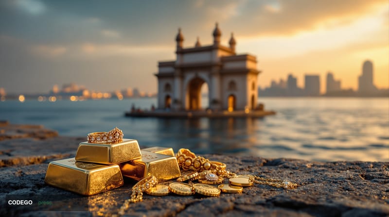 A photorealistic editorial photograph showing the iconic Gateway of India monument in Mumbai's harbor during golden hour, wit