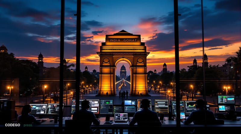A photorealistic editorial photograph showing the iconic India Gate monument in New Delhi silhouetted against a dramatic twil