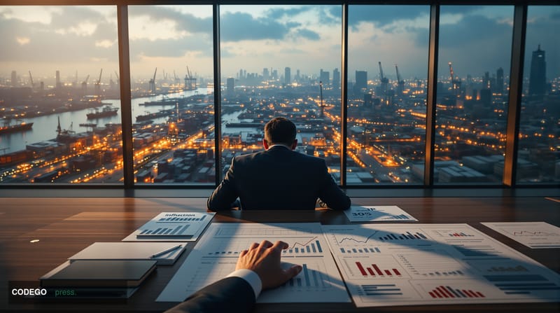 # Image Prompt

A high-angle wide shot of a gleaming modern central bank building's boardroom interior, photographed from beh