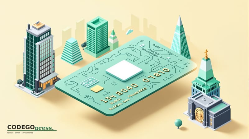 Large embossed credit card with Block's distinctive white square symbol in centre, Block San Francisco headquarters with subt