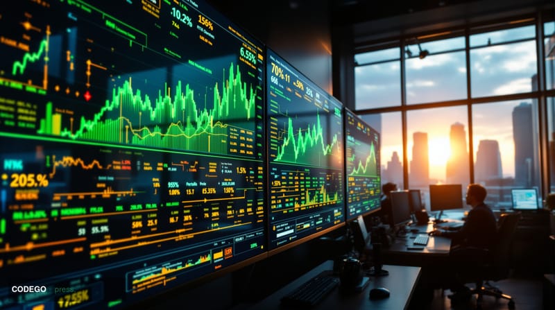A cinematic editorial photograph of a modern institutional trading floor or investment management office, featuring multiple 