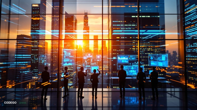 A dramatic photorealistic editorial photograph showcasing the intersection of traditional finance and cryptocurrency. The sce