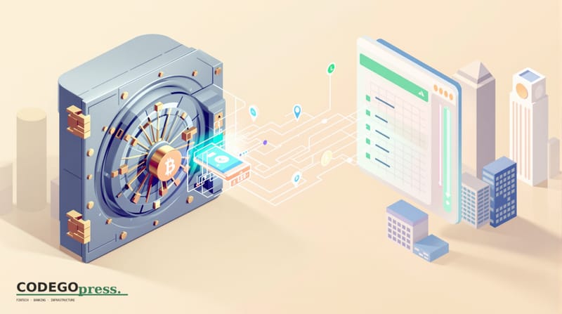 Flat 3D isometric vector editorial illustration showing a modern bank vault door (steel, geometric) on the left side transiti