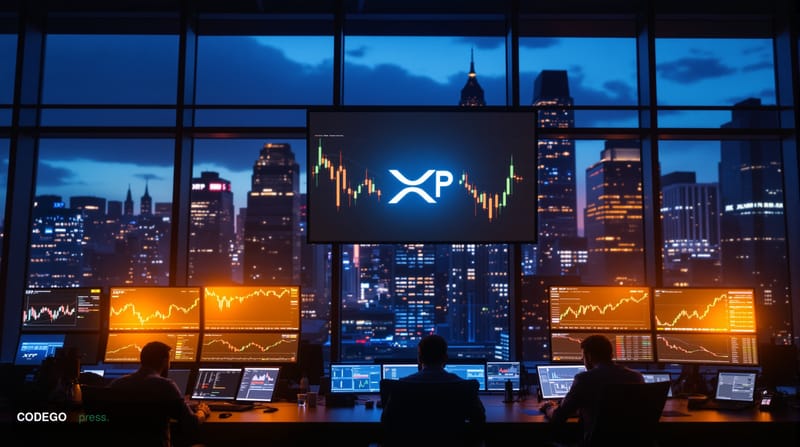 Photorealistic editorial photograph of a modern cryptocurrency trading floor with multiple large displays showing XRP price c