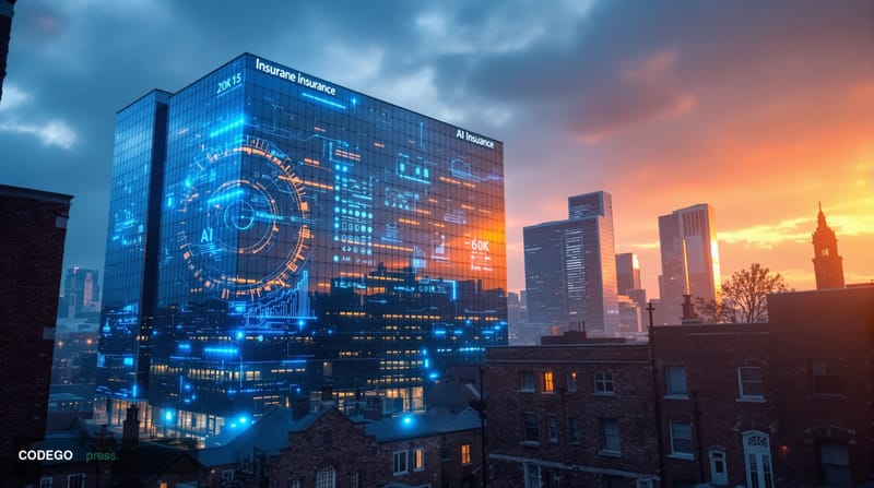 A cinematic editorial photograph capturing the tension between traditional insurance infrastructure and AI innovation. The sc
