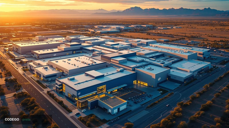 A dramatic aerial view of Intel's advanced semiconductor fabrication facility in Arizona, with the distinctive blue and white