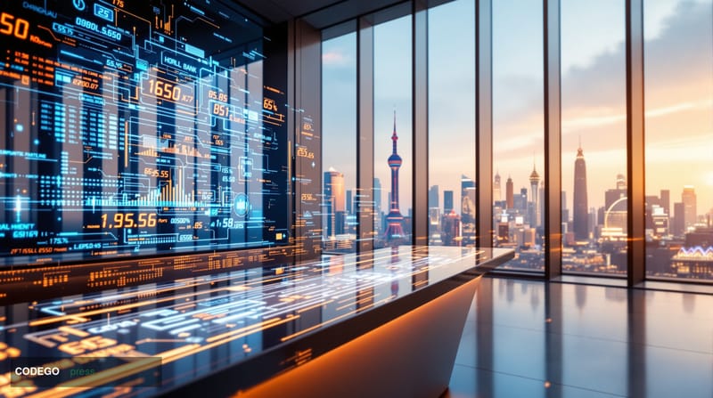 A photorealistic editorial photograph capturing the intersection of AI technology and modern banking in China. The scene show