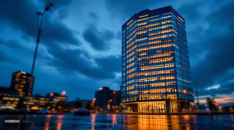 A cinematic editorial photograph of Intesa Sanpaolo's distinctive modern headquarters tower in Turin, Italy, shot from a low 