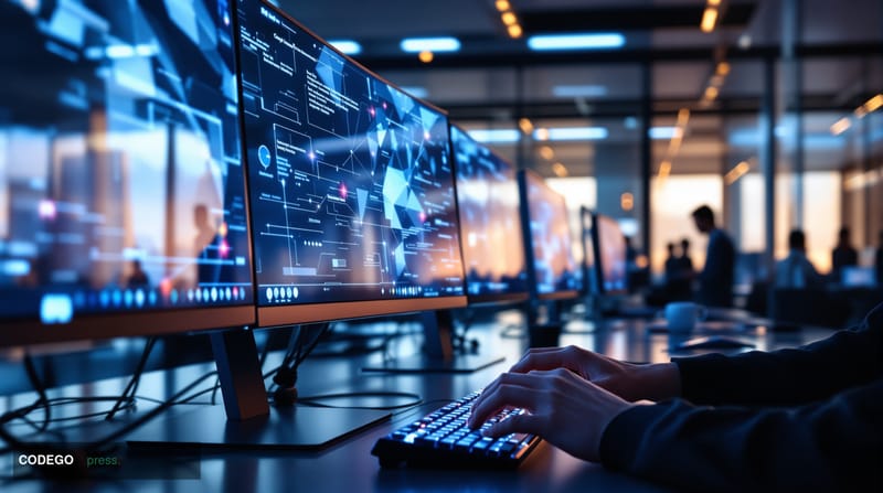 A cinematic editorial photograph of a modern fintech office environment showing the seamless integration of invisible technol