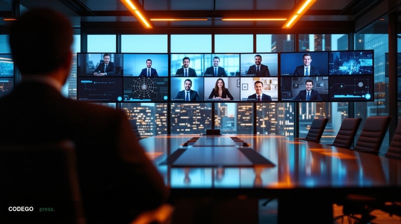 A cinematic editorial photograph showcasing a high-security corporate boardroom with multiple large monitors displaying video
