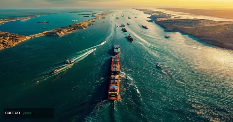A dramatic aerial view of the Persian Gulf's Strait of Hormuz at golden hour, with massive oil tankers and cargo ships naviga