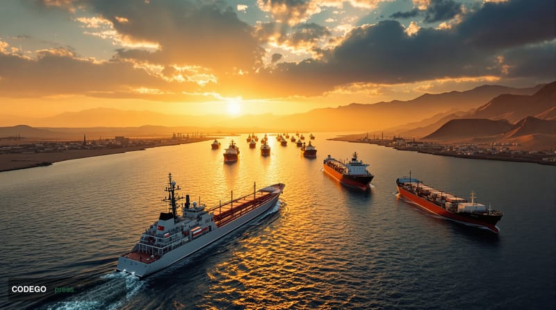 A dramatic aerial view of the Strait of Hormuz at golden hour, showcasing the narrow waterway between Iran and Oman with oil 