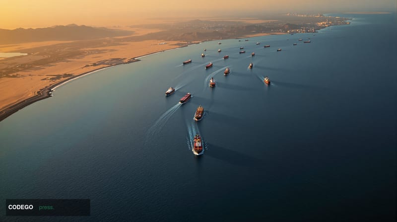 A cinematic aerial view of the Strait of Hormuz at golden hour, showing the narrow waterway between Iran and the Arabian Peni