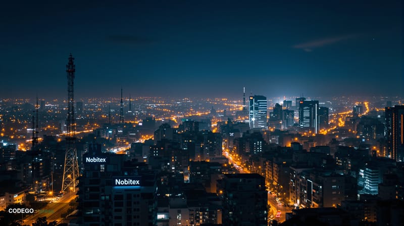 A dramatic nighttime aerial view of Tehran's sprawling urban landscape during the February 2026 internet blackout, showing a 