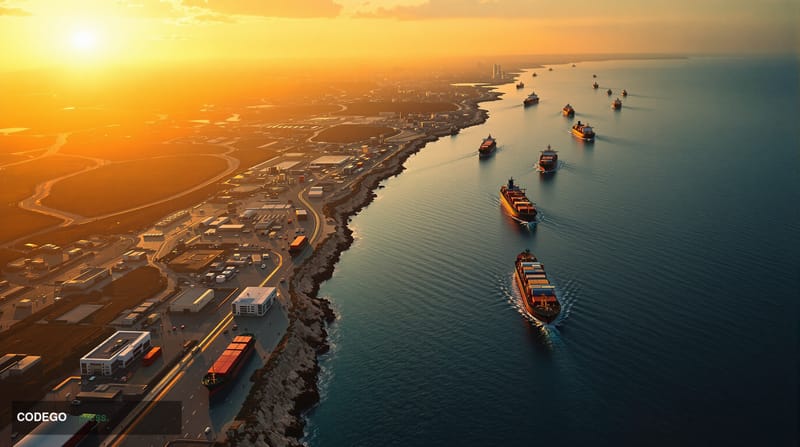 A dramatic photorealistic aerial view of the Strait of Hormuz at golden hour, showing the narrow waterway between Iran and th