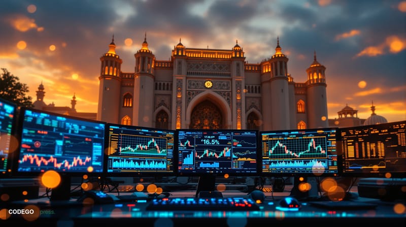 A photorealistic editorial photograph showing the Iranian Foreign Ministry building in Tehran with its distinctive Persian ar