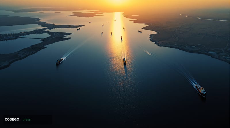 Cinematic aerial view of the Strait of Hormuz waterway during golden hour, showing the narrow channel between Iran and Qatar 
