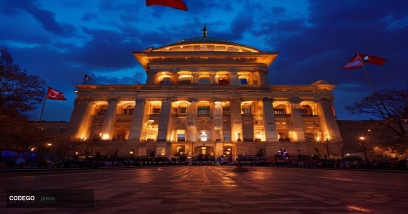 A dramatic cinematic photograph of the Iranian Parliament building (Majlis) in Tehran at dusk, shot from a low angle to empha