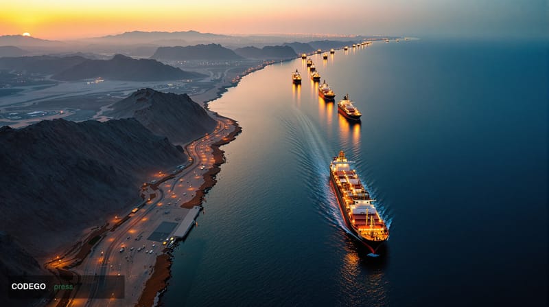 A dramatic aerial photorealistic view of the Strait of Hormuz at golden hour, showing the narrow waterway between Iran and Om