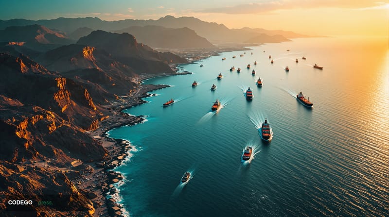 A dramatic aerial photograph of the Strait of Hormuz at golden hour, showing the narrow waterway between Iran and Oman with o