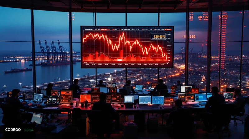 A dramatic photorealistic editorial photograph showing a modern cryptocurrency trading floor or financial district during a c