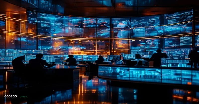 A dramatic cinematic editorial photograph showing a high-tech trading floor or modern cryptocurrency exchange office interior