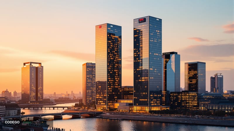 A cinematic editorial photograph of the Frankfurt am Main financial district skyline at golden hour, featuring the iconic ECB