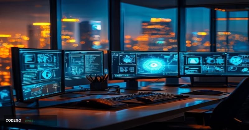 A cinematic editorial photograph of a modern blockchain technology workspace featuring multiple computer monitors displaying 