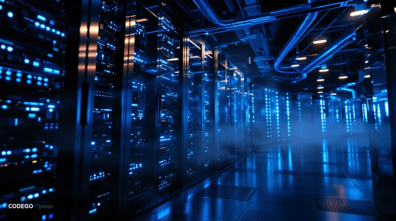 A striking cinematic photograph of a cutting-edge data center interior showcasing liquid-cooled GPU server racks with vibrant