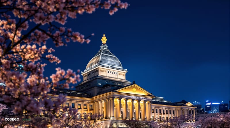 A dramatic wide-angle photograph of the Japanese Diet Building (National Diet) in Tokyo at twilight, with its distinctive pyr