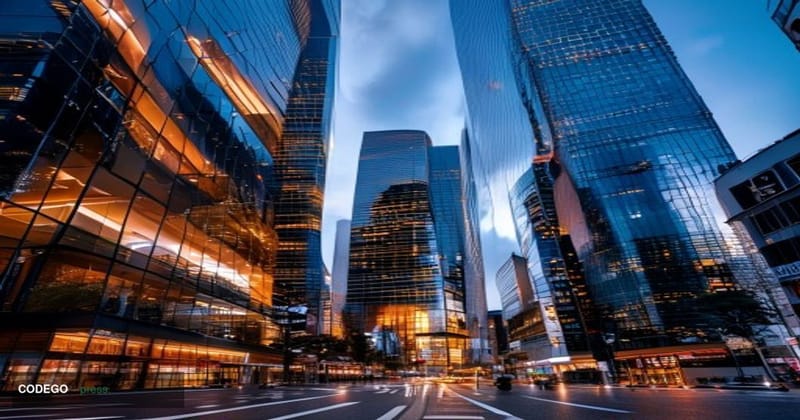 A cinematic editorial photograph capturing the modern financial district of Tokyo's Marunouchi area at golden hour, with glea