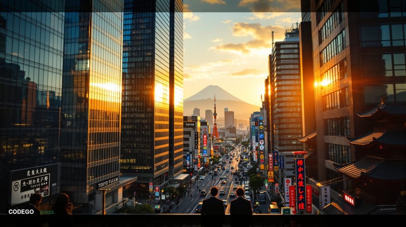 A cinematic editorial photograph of Tokyo's financial district at golden hour, showcasing Japan's modern banking towers and t