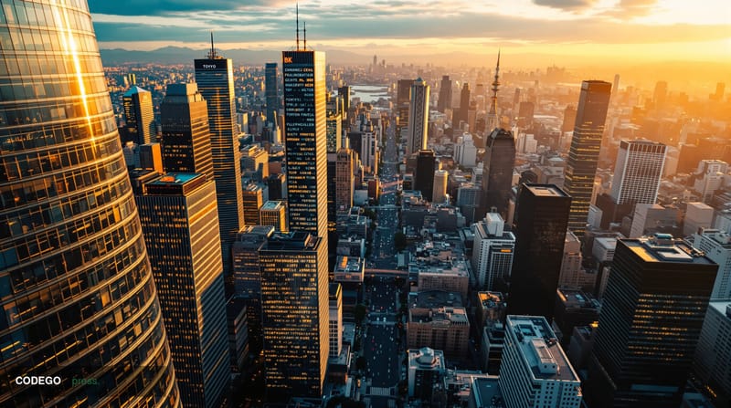 A cinematic aerial view of Tokyo's financial district at golden hour, showing the distinctive modern glass towers and corpora