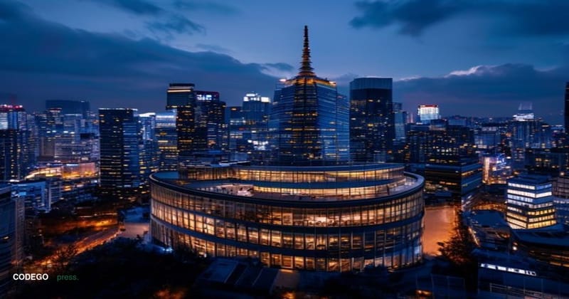 A dramatic photorealistic editorial photograph capturing Japan's financial modernization initiative. The scene shows the icon