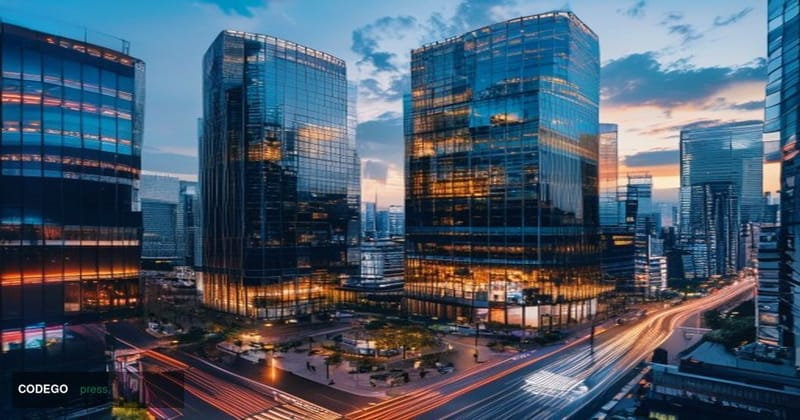 A cinematic editorial photograph showcasing the modern financial district of Tokyo with SBI and Rakuten corporate headquarter