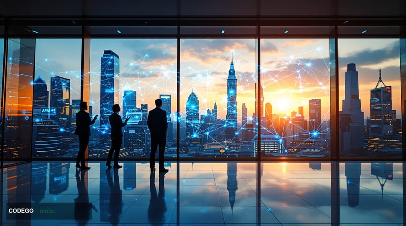 A cinematic editorial photograph showcasing the convergence of traditional finance and blockchain infrastructure in the Asia-