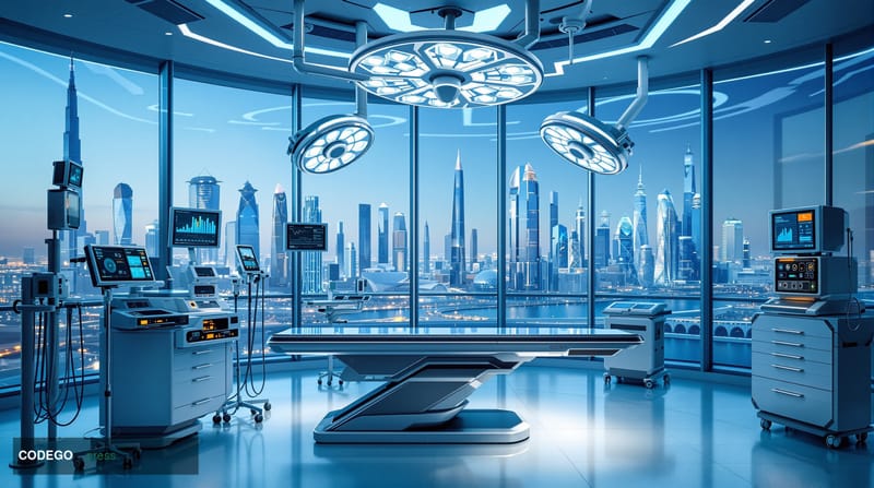 A photorealistic editorial photograph of a state-of-the-art operating room in Abu Dhabi, featuring advanced surgical equipmen