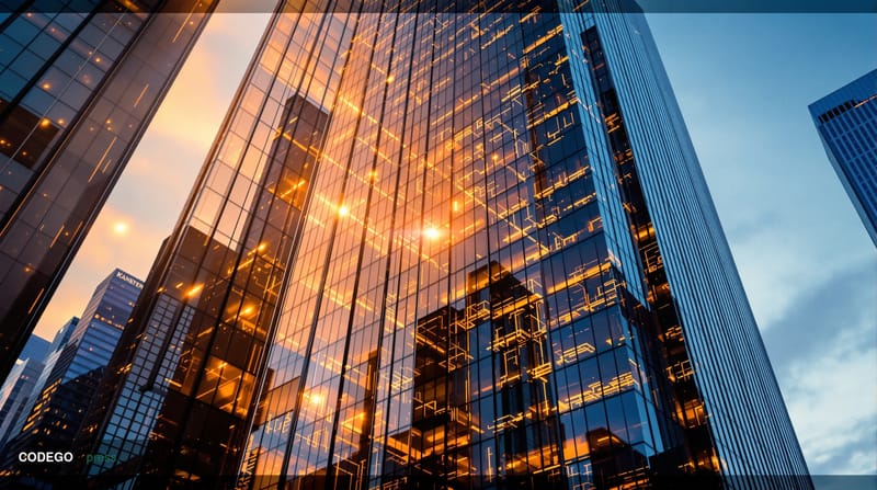 Photorealistic 8K editorial photograph of JPMorgan Chase's iconic headquarters at 270 Park Avenue in New York City, shot from