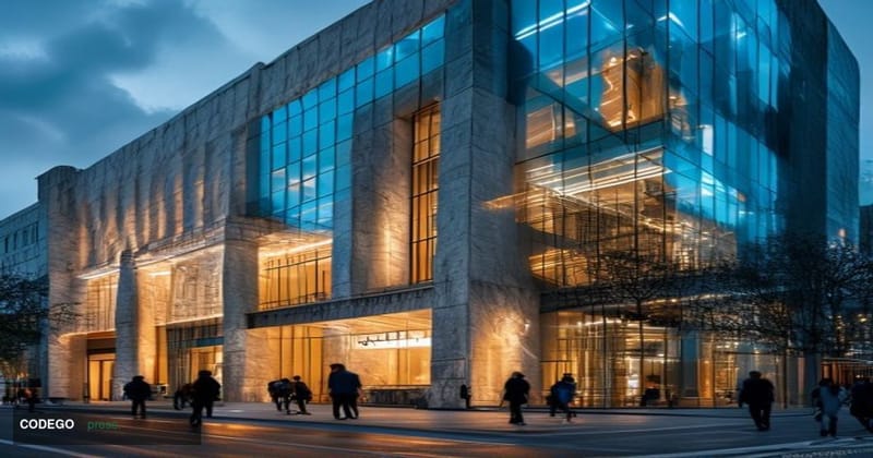 A dramatic editorial photograph capturing the tension between traditional banking and cryptocurrency industries through archi