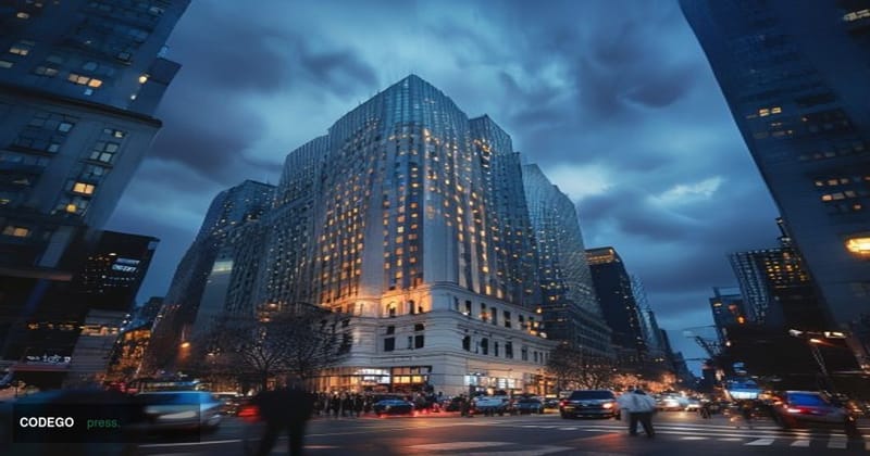 A dramatic photorealistic editorial photograph showing the imposing JPMorgan Chase headquarters at 383 Madison Avenue in New 