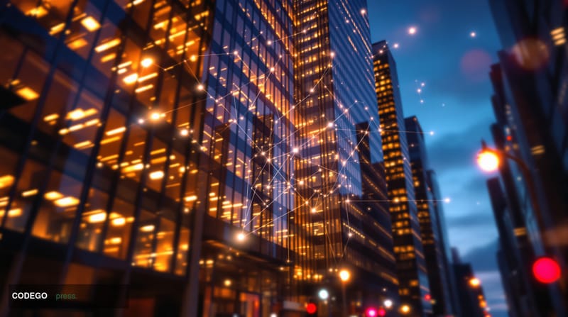 A cinematic editorial photograph showing JPMorgan Chase's iconic headquarters at 270 Park Avenue in Manhattan, with the build